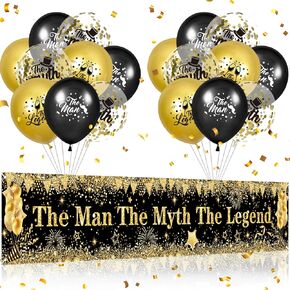 The Man The Myth The Legend Decorations Large Black Gold Banner 18Pcs The Man The Myth The Legend Balloons for Men Bachelor Father Birthday Retirement Party Decor Supplies