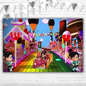 Vanellope Von Schweetz Birthday Decorations Banner 5x3ft Sweet Candy World Background Princess Vanellope Wreck it Ralph Happy Birthday Backdrop for Girl 1st 2nd Birthday