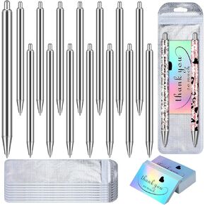 Qilery 25 Set Stainless Steel Resin Blank Epoxy Pens for UV Dtf Wraps Sublimation Pen Gifts Resealable Pouch Bag and Holographic Thank You Cards Set for DIY Glitter Craft