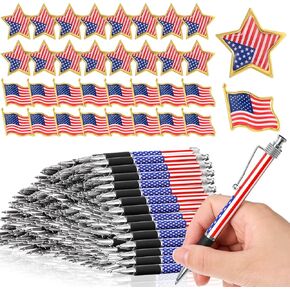 200 Pcs Veterans Day Supplies Include 100 Patriotic Star Flag Lapel Pins and 100 Veterans Day Gel Ink Ballpoint American Flag Accessories for Memorial Day Patriotic Party Military Supplies