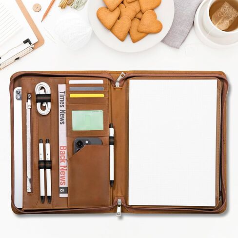 Calfinder Brown A4 Portfolio Binder–Premium Leather Folder with Clipboard, Large Pocket for Documents, Business Portfolio for Men, Perfect Leather Binder with Card Slots for Meetings in Saudi Arabia