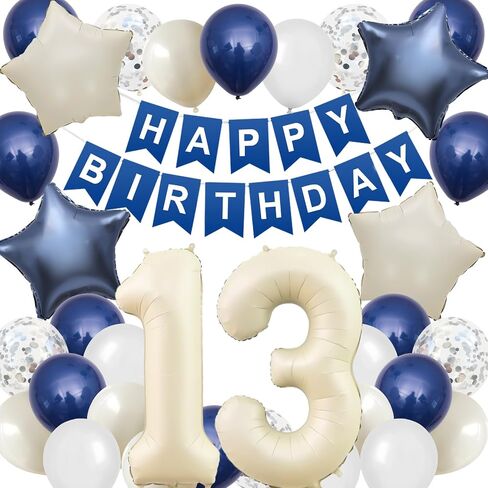 13th Birthday Decorations Blue White,Happy 13th Birthday Decorations with Navy Blue Silver Cream White Balloons Beige 13 Number Balloon Birthday Banner For Boys Girls Birthday Party Decor in Kuwait