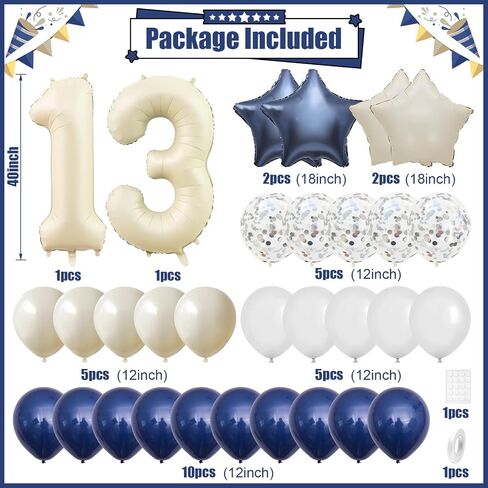 13th Birthday Decorations Blue White,Happy 13th Birthday Decorations with Navy Blue Silver Cream White Balloons Beige 13 Number Balloon Birthday Banner For Boys Girls Birthday Party Decor in Kuwait