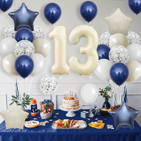 13th Birthday Decorations Blue White,Happy 13th Birthday Decorations with Navy Blue Silver Cream White Balloons Beige 13 Number Balloon Birthday Banner For Boys Girls Birthday Party Decor in Kuwait