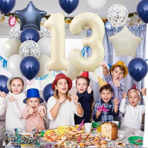13th Birthday Decorations Blue White,Happy 13th Birthday Decorations with Navy Blue Silver Cream White Balloons Beige 13 Number Balloon Birthday Banner For Boys Girls Birthday Party Decor in Kuwait