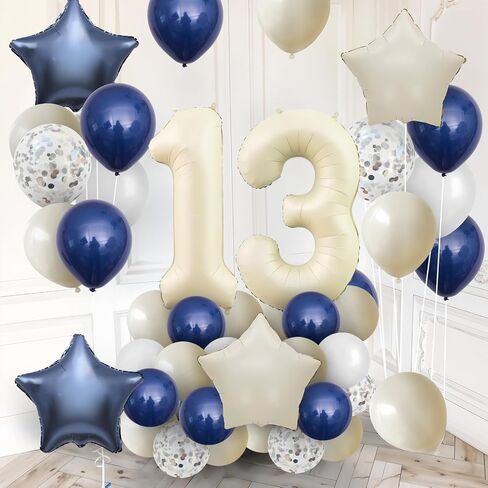13th Birthday Decorations Blue White,Happy 13th Birthday Decorations with Navy Blue Silver Cream White Balloons Beige 13 Number Balloon Birthday Banner For Boys Girls Birthday Party Decor in Kuwait