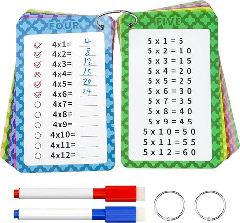 Multiplication Flashcards 0-12, 13 Pcs Multiplication Chart Math Flashcards, Multiplication Math Game, Times Table Flash Cards with 2 Dry Erase Markers and 2 Rings for 1st to 3rd Grades in Kuwait