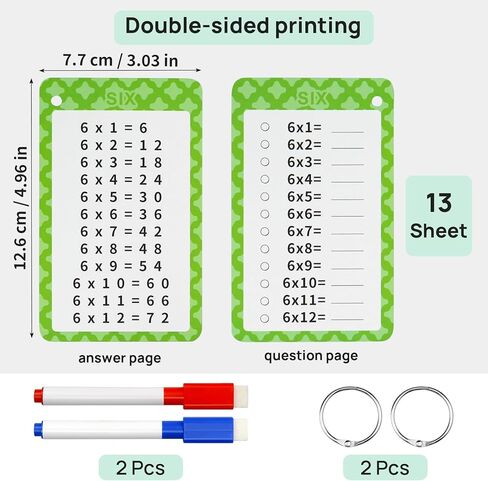 Multiplication Flashcards 0-12, 13 Pcs Multiplication Chart Math Flashcards, Multiplication Math Game, Times Table Flash Cards with 2 Dry Erase Markers and 2 Rings for 1st to 3rd Grades in Kuwait