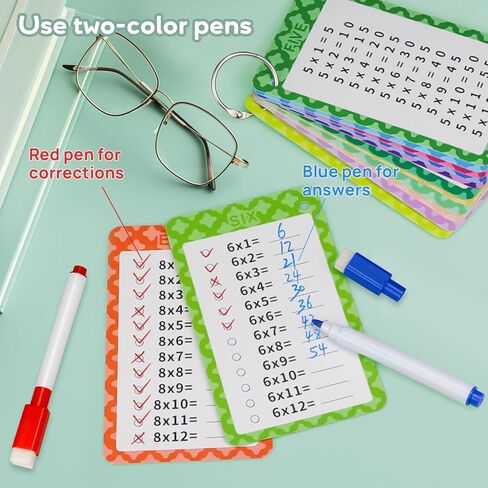 Multiplication Flashcards 0-12, 13 Pcs Multiplication Chart Math Flashcards, Multiplication Math Game, Times Table Flash Cards with 2 Dry Erase Markers and 2 Rings for 1st to 3rd Grades in Kuwait