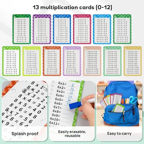 Multiplication Flashcards 0-12, 13 Pcs Multiplication Chart Math Flashcards, Multiplication Math Game, Times Table Flash Cards with 2 Dry Erase Markers and 2 Rings for 1st to 3rd Grades in Kuwait