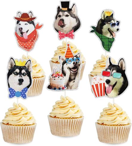 18pcs siberian husky sursert cupcake toppers ، Puppy Dogs Party Party Cupcake Topcake ، Funny Husky موضوع عيد ميلاد الديكور in Kuwait