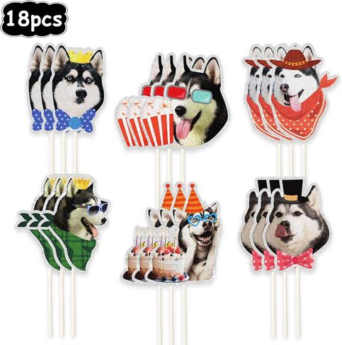 18pcs siberian husky sursert cupcake toppers ، Puppy Dogs Party Party Cupcake Topcake ، Funny Husky موضوع عيد ميلاد الديكور in Kuwait