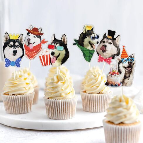 18pcs siberian husky sursert cupcake toppers ، Puppy Dogs Party Party Cupcake Topcake ، Funny Husky موضوع عيد ميلاد الديكور in Kuwait