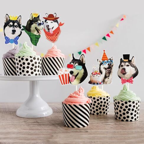 18pcs siberian husky sursert cupcake toppers ، Puppy Dogs Party Party Cupcake Topcake ، Funny Husky موضوع عيد ميلاد الديكور in Kuwait