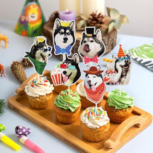 18pcs siberian husky sursert cupcake toppers ، Puppy Dogs Party Party Cupcake Topcake ، Funny Husky موضوع عيد ميلاد الديكور in Kuwait