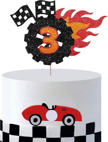 Race Car 3rd Birthday Cake Topper, Wheel 3 Cake Topper for Boys, Fire Car Fast Three Cake Decor, Let's Go Racing Themed 3rd Birthday Party Decoration - Black Glitter in Saudi Arabia