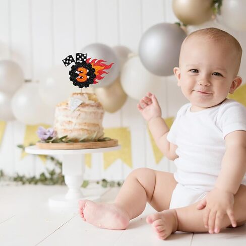 Race Car 3rd Birthday Cake Topper, Wheel 3 Cake Topper for Boys, Fire Car Fast Three Cake Decor, Let's Go Racing Themed 3rd Birthday Party Decoration - Black Glitter in Saudi Arabia