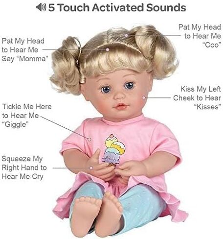 Adora My Cuddle & Coo Babies Collection, 15" Baby Doll with Sweet Powder Scent and 5 Touch Activated Sounds: She Cries, Coos, Giggles, Kisses Back & Says Momma Birthday Gift For Ages 3+ - Sweet Dreams in Saudi Arabia