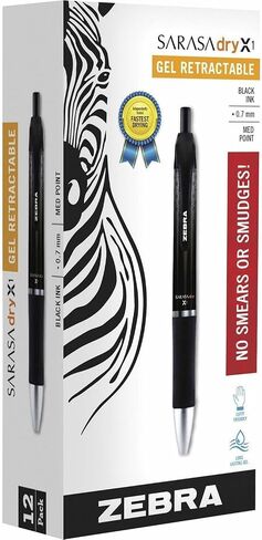 Zebra Pen Sarasa Dry X1 Retractable Gel Pen, Medium Point, 0.7mm, Black Ink, 12-Pack in Saudi Arabia