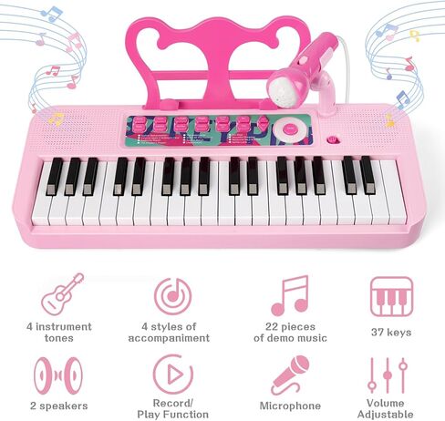 Kids Piano, 37 Keys Toddler Piano Keyboard Toy Electronic Musical Instrument Educational Toy with Microphone, 2 Speakers, Record Playback, Christmas Birthday Gift for 3+ Years Old in Kuwait