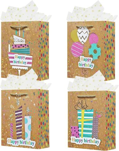 OFIHANLY 4Pcs 9" Small Size Happy Birthday Gift Bag with Handles for Women Men Girls Boy Kids Baby Party Brown Glitter Paper Gift Wrap Bag with Tissue Paper in Saudi Arabia