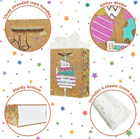 OFIHANLY 4Pcs 9" Small Size Happy Birthday Gift Bag with Handles for Women Men Girls Boy Kids Baby Party Brown Glitter Paper Gift Wrap Bag with Tissue Paper in Saudi Arabia