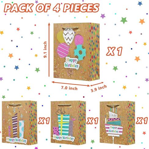 OFIHANLY 4Pcs 9" Small Size Happy Birthday Gift Bag with Handles for Women Men Girls Boy Kids Baby Party Brown Glitter Paper Gift Wrap Bag with Tissue Paper in Saudi Arabia