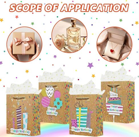 OFIHANLY 4Pcs 9" Small Size Happy Birthday Gift Bag with Handles for Women Men Girls Boy Kids Baby Party Brown Glitter Paper Gift Wrap Bag with Tissue Paper in Saudi Arabia