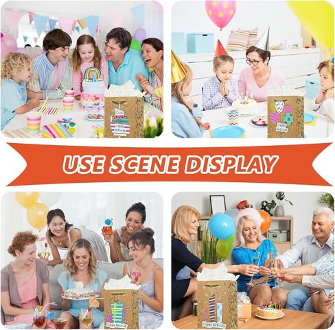 OFIHANLY 4Pcs 9" Small Size Happy Birthday Gift Bag with Handles for Women Men Girls Boy Kids Baby Party Brown Glitter Paper Gift Wrap Bag with Tissue Paper in Saudi Arabia