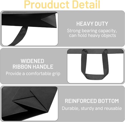 FISHLONO Black Gift Bags With Handles, 16x6x12 Inches Extra Large Gift Bags Bulk, Black Kraft Paper Bags for Wedding Shopping Party Birthday Business Baby Shower (3) in Saudi Arabia