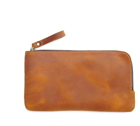Genuine leather large capacity pencil case. Zip Pouch, Accessories holder, Stationery Bag, Retro handmade artwork. (Brown) in Kuwait
