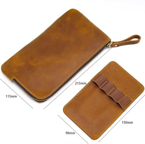 Genuine leather large capacity pencil case. Zip Pouch, Accessories holder, Stationery Bag, Retro handmade artwork. (Brown) in Kuwait