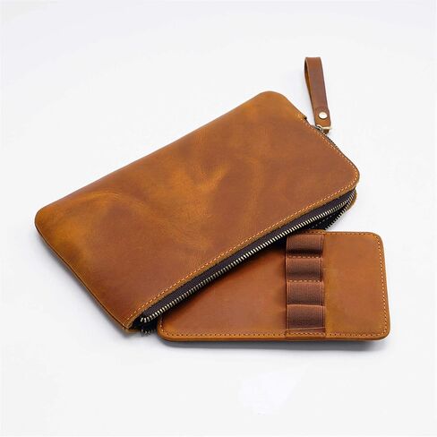 Genuine leather large capacity pencil case. Zip Pouch, Accessories holder, Stationery Bag, Retro handmade artwork. (Brown) in Kuwait