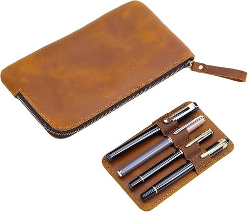 Genuine leather large capacity pencil case. Zip Pouch, Accessories holder, Stationery Bag, Retro handmade artwork. (Brown) in Kuwait