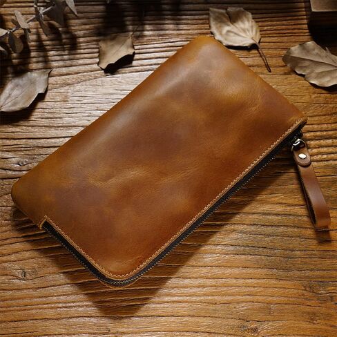 Genuine leather large capacity pencil case. Zip Pouch, Accessories holder, Stationery Bag, Retro handmade artwork. (Brown) in Kuwait