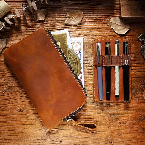 Genuine leather large capacity pencil case. Zip Pouch, Accessories holder, Stationery Bag, Retro handmade artwork. (Brown) in Kuwait