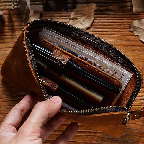 Genuine leather large capacity pencil case. Zip Pouch, Accessories holder, Stationery Bag, Retro handmade artwork. (Brown) in Kuwait