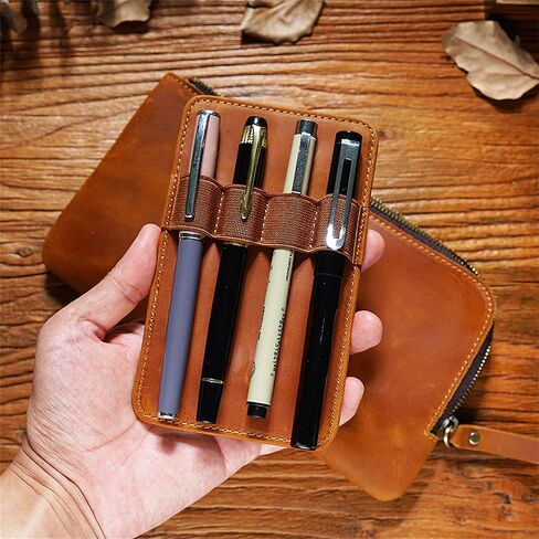 Genuine leather large capacity pencil case. Zip Pouch, Accessories holder, Stationery Bag, Retro handmade artwork. (Brown) in Kuwait