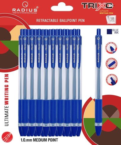 RADIUS Trixo Retractable Assorted 10 Multi Colours Ink Ballpoint Pens - 50 Pack, 1.0mm Medium Fine Point, Comfort Rubber Grip, Smooth Writing, Journaling, Home, School & Office Supplies in Kuwait