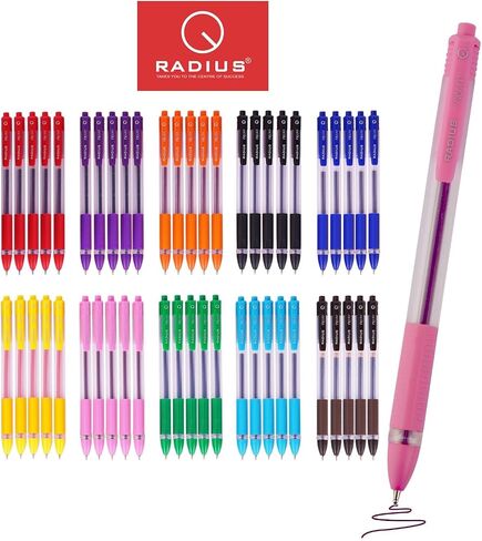 RADIUS Trixo Retractable Assorted 10 Multi Colours Ink Ballpoint Pens - 50 Pack, 1.0mm Medium Fine Point, Comfort Rubber Grip, Smooth Writing, Journaling, Home, School & Office Supplies in Kuwait