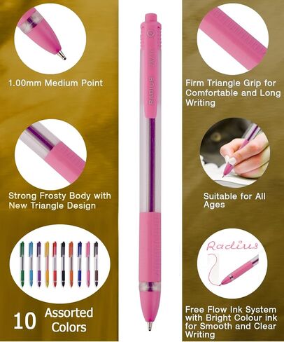 RADIUS Trixo Retractable Assorted 10 Multi Colours Ink Ballpoint Pens - 50 Pack, 1.0mm Medium Fine Point, Comfort Rubber Grip, Smooth Writing, Journaling, Home, School & Office Supplies in Kuwait