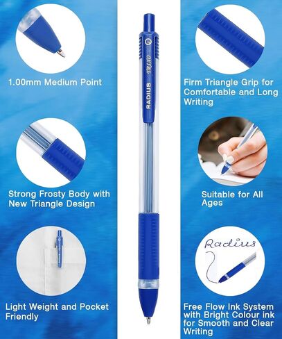 RADIUS Trixo Retractable Assorted 10 Multi Colours Ink Ballpoint Pens - 50 Pack, 1.0mm Medium Fine Point, Comfort Rubber Grip, Smooth Writing, Journaling, Home, School & Office Supplies in Kuwait