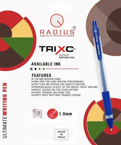 RADIUS Trixo Retractable Assorted 10 Multi Colours Ink Ballpoint Pens - 50 Pack, 1.0mm Medium Fine Point, Comfort Rubber Grip, Smooth Writing, Journaling, Home, School & Office Supplies in Kuwait