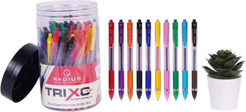 RADIUS Trixo Retractable Assorted 10 Multi Colours Ink Ballpoint Pens - 50 Pack, 1.0mm Medium Fine Point, Comfort Rubber Grip, Smooth Writing, Journaling, Home, School & Office Supplies in Kuwait