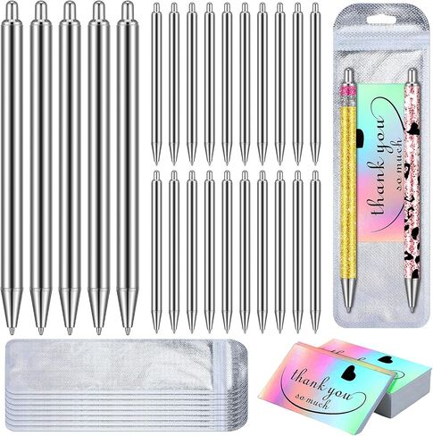 Qilery 25 Set Stainless Steel Resin Blank Epoxy Pens for UV Dtf Wraps Sublimation Pen Gifts Resealable Pouch Bag and Holographic Thank You Cards Set for DIY Glitter Craft in Saudi Arabia