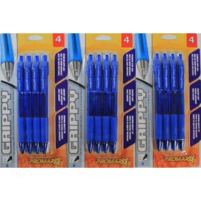 Promarx Grippy Set of 3 (4 Pack) Blue Ink Pens - (12 Pens Total)