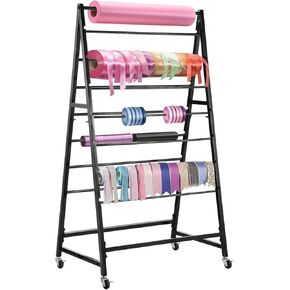 BATTIPAW 15-Tier Ribbon Holder, Double-Sided Ribbon Organizer, Movable Ribbon Storage Shelf with Wheels, Large Capacity Freestanding Wrapping Ribbon Rack for Craft Room, Flower Store