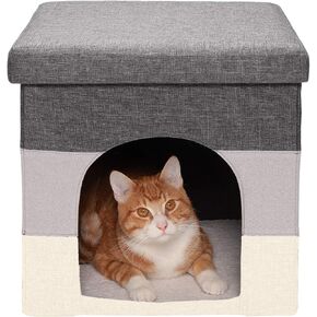 Furhaven Pet House for Indoor Cats & Small Dogs, Collapsible & Foldable w/ Plush Ball Toy - Living Room Footstool Cat Condo - Hygge Stripe (Gray/Cream), Small