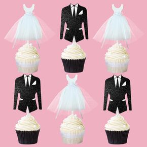 12Pcs Bridal Shower Cupcake Toppers Glitter White Tulle Dress Black Tuxedo Dress Cupcake Toppers Engagement Wedding Party Decorations for Bride Groom Wedding Bridal Shower Party Supplies