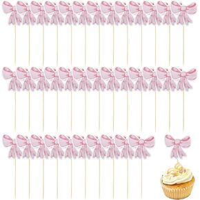 36Pcs Bow Cupcake Toppers, Bow Party Decorations, Pink Bow Themed Birthday Party Decorations for Girls Women Birthday Wedding Toddler Shower